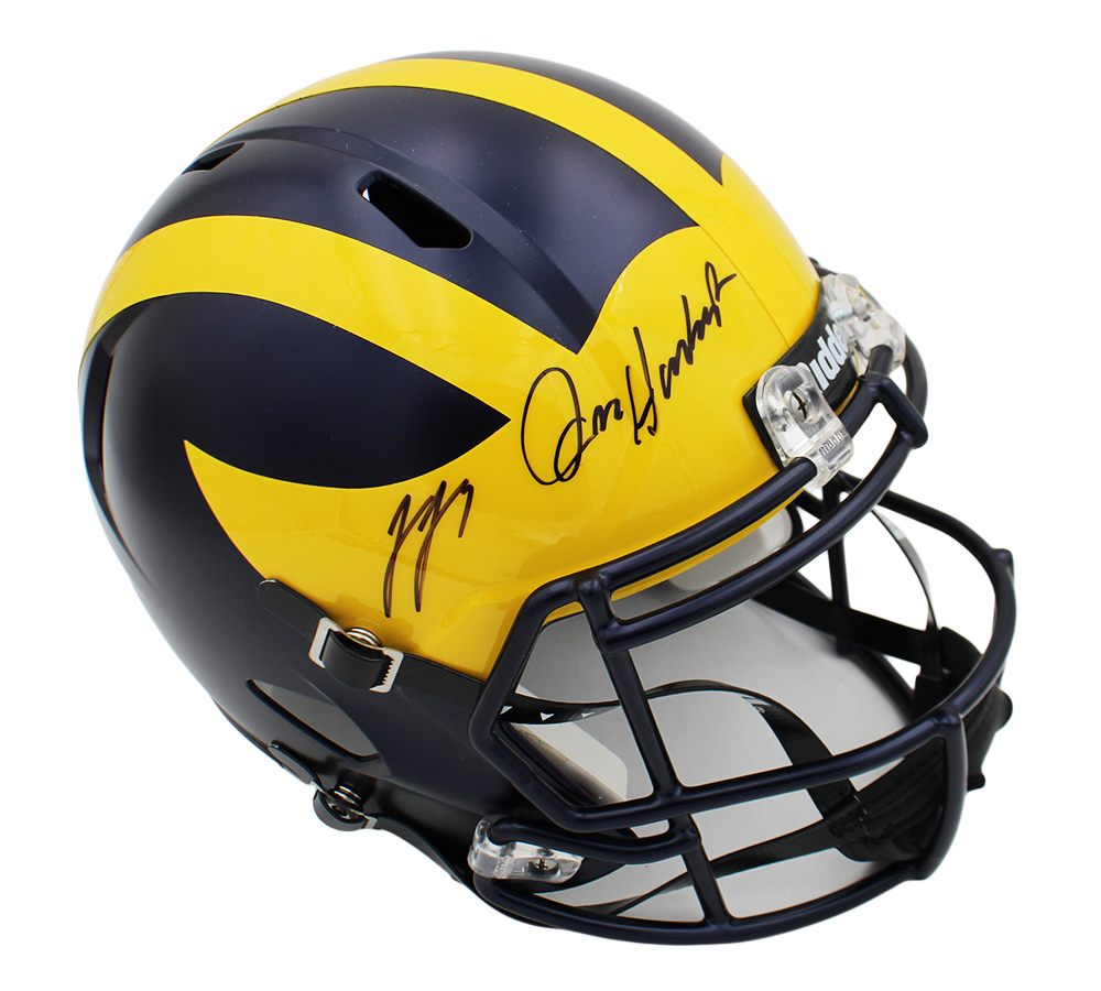 JJ McCarthy and Jim Harbaugh Signed Michigan Wolverines Speed Full Size NCAA Helmet