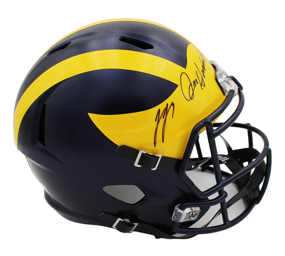 JJ McCarthy and Jim Harbaugh Signed Michigan Wolverines Speed Full Size NCAA Helmet - Image 2