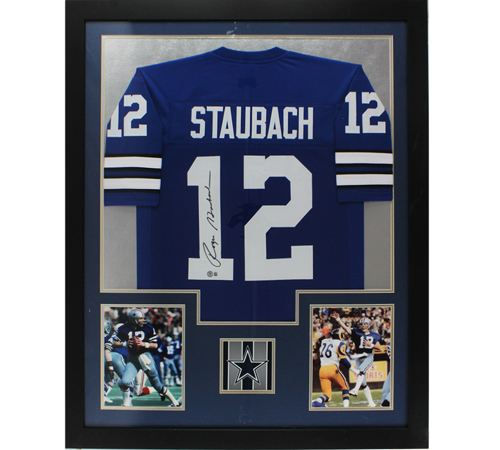 Roger Staubach Signed Dallas Cowboys Large Framed Blue Jersey