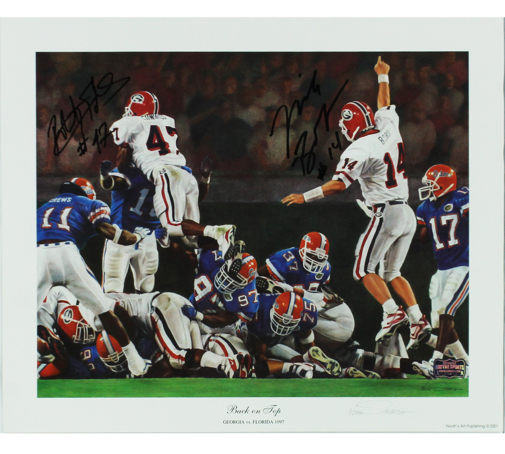 Mike Bobo & Robert Edwards Signed Georgia Bulldog Unframed 12x15 Noah Stokes NCAA "Back on Top" Print - Black Ink