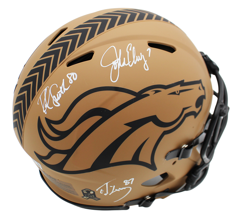 John Elway, Rod Smith, Ed McCaffrey Signed Denver Broncos Speed Authentic Salute to Service 2 NFL Helmet