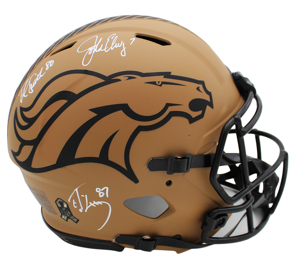 John Elway, Rod Smith, Ed McCaffrey Signed Denver Broncos Speed Authentic Salute to Service 2 NFL Helmet - Image 2
