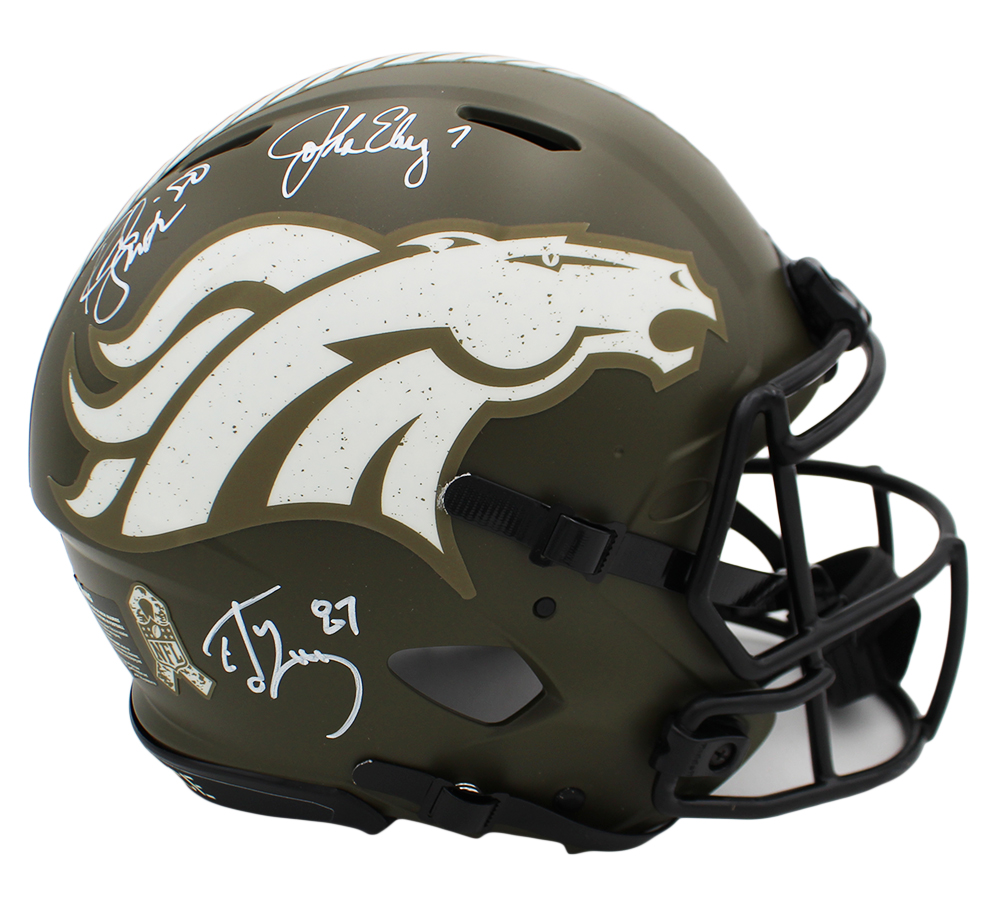 John Elway, Rod Smith, Ed McCaffrey Signed Denver Broncos Speed Authentic Salute to Service NFL Helmet - Image 2