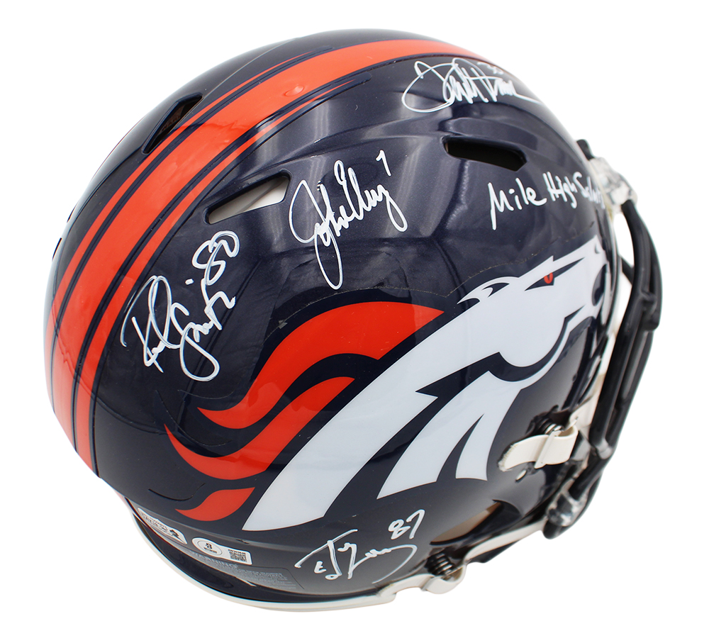 John Elway, Rod Smith, Ed McCaffrey, Terrell Davis Signed Denver Broncos Speed Authentic NFL Helmet - White Ink - Image 2