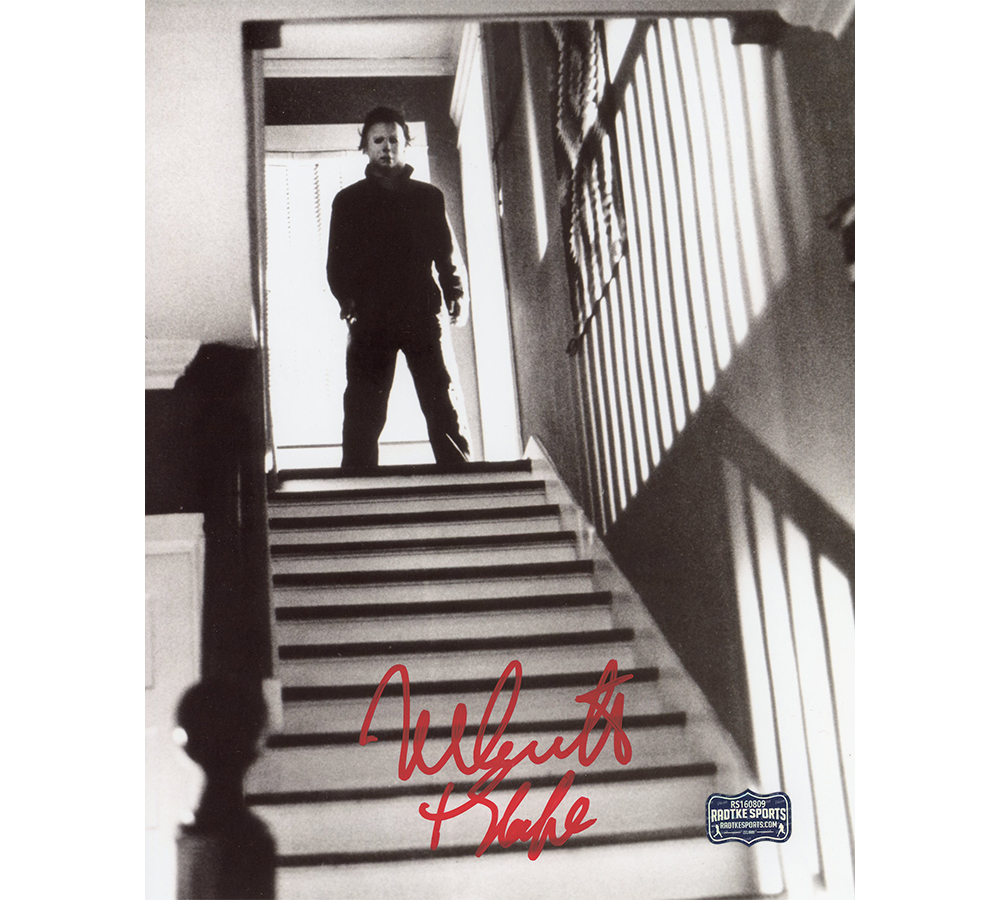 Nick Castle Signed Halloween Unframed 8x10 Top of Stairs Photo - Red Ink with "The Shape" Inscription
