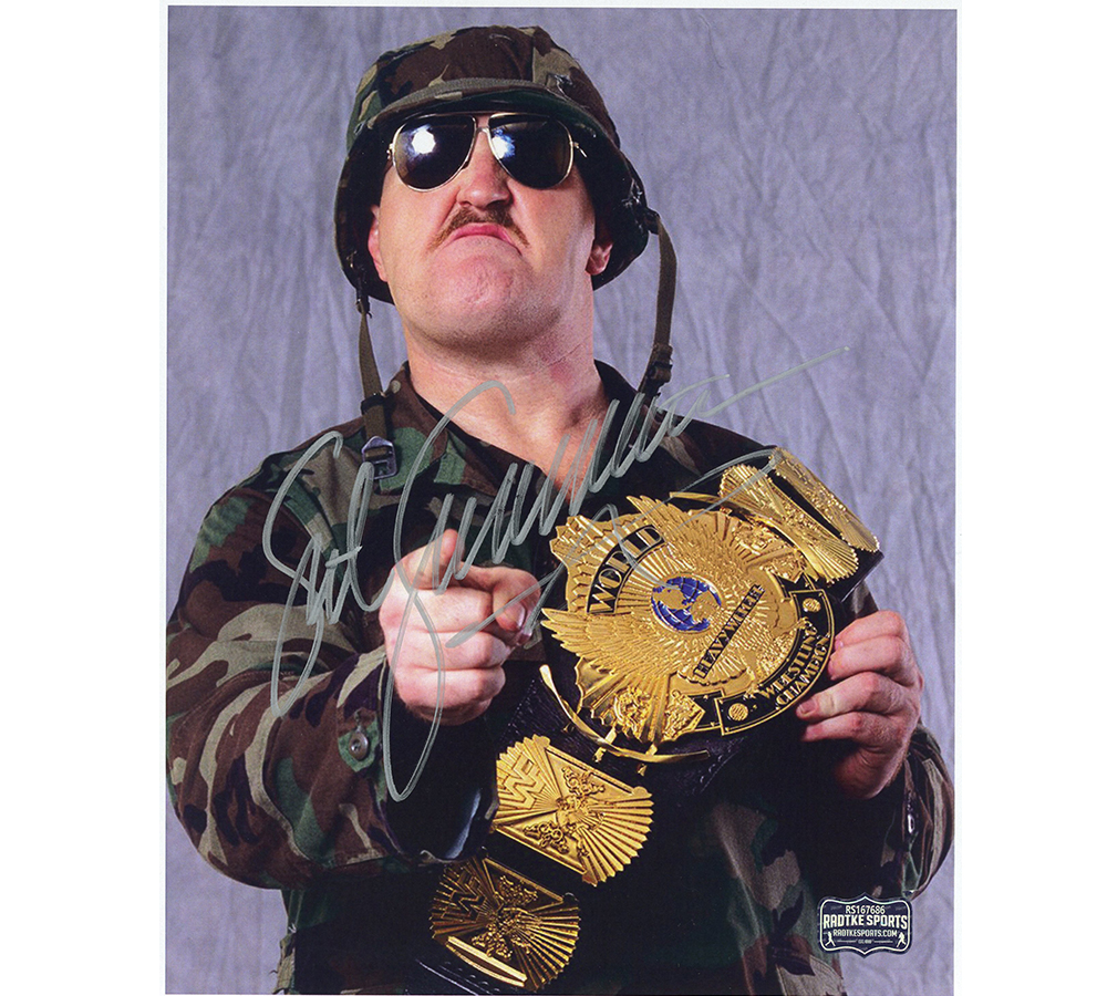 Sgt. Slaughter Signed Wrestling Unframed 8x10 Pointing w/Belt Photo