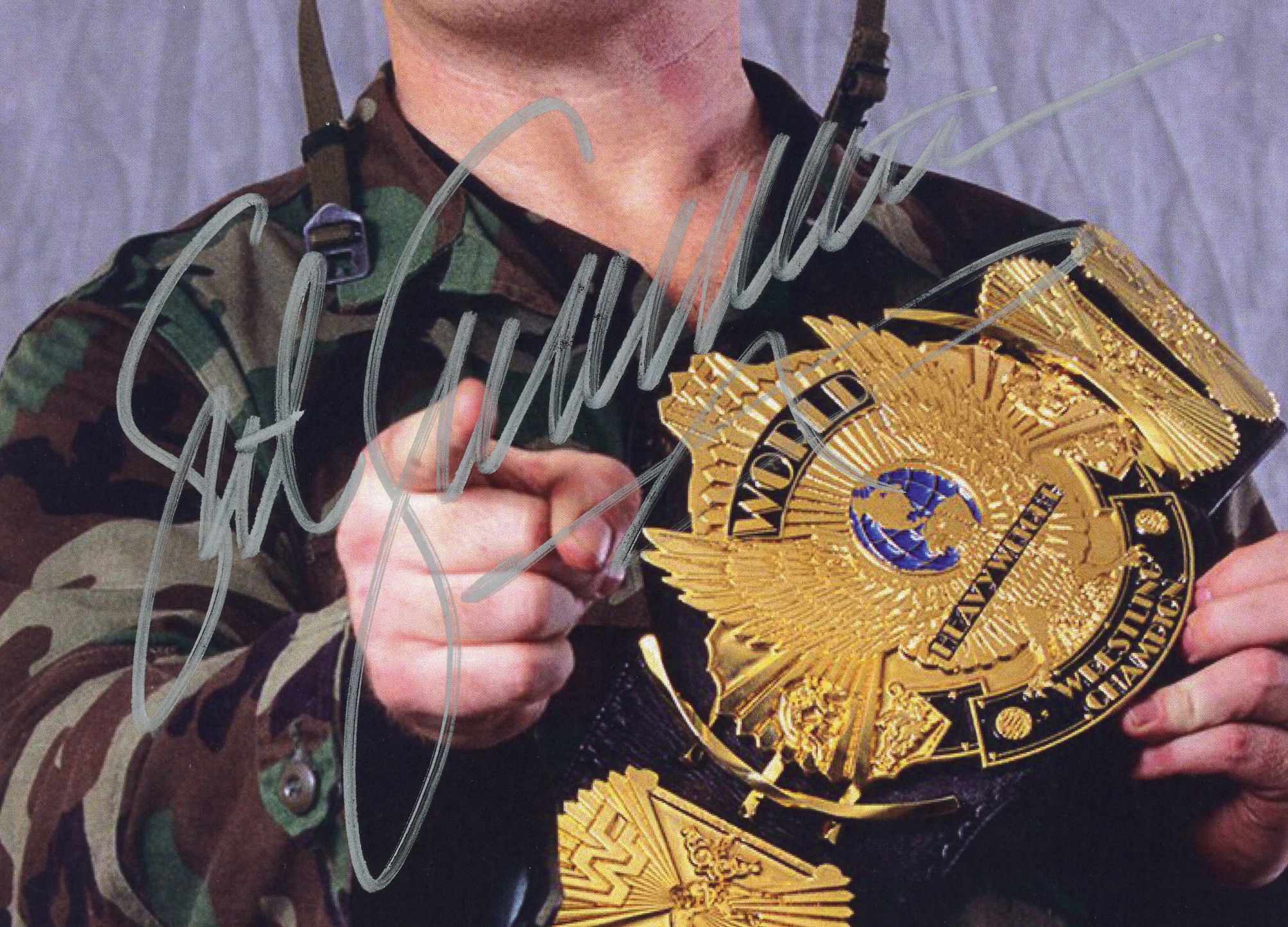 Sgt. Slaughter Signed Wrestling Unframed 8x10 Pointing w/Belt Photo - Image 2