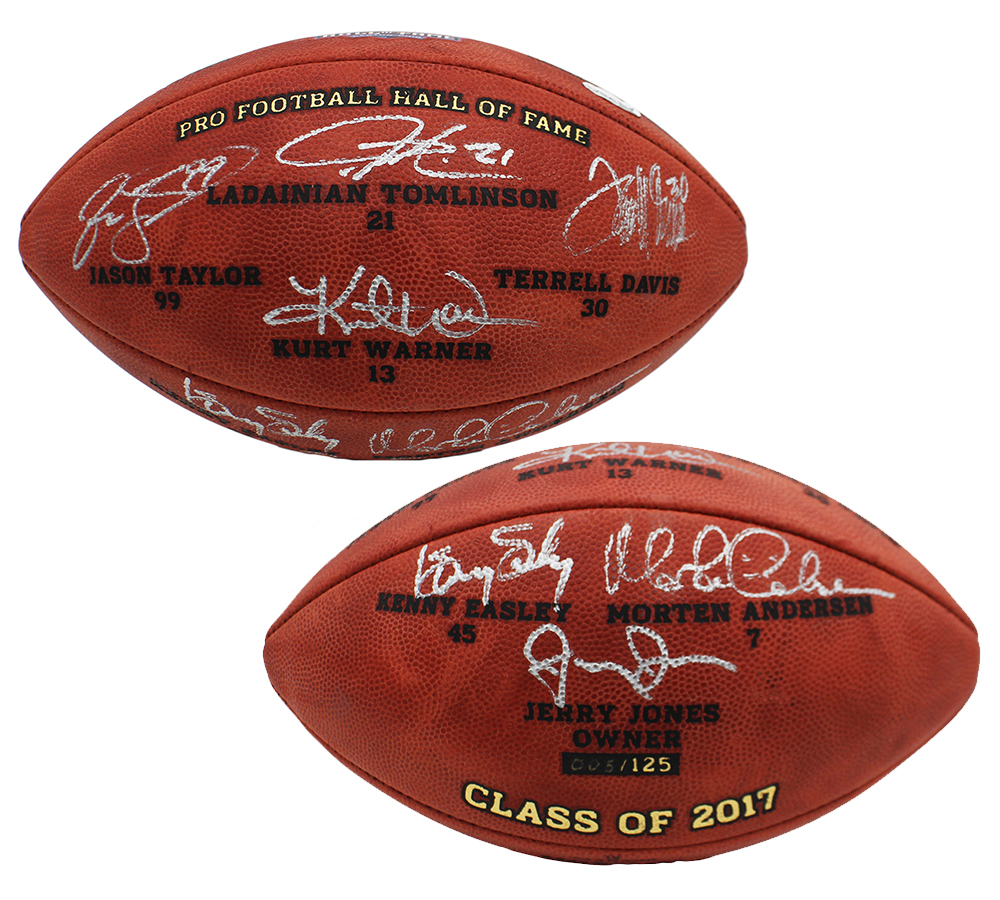 2017 Hall of Fame Class Signed Wilson Authentic Hall of Fame Logo NFL Football signatures include Kurt Warner, Terrell Davis and Morten Andersen