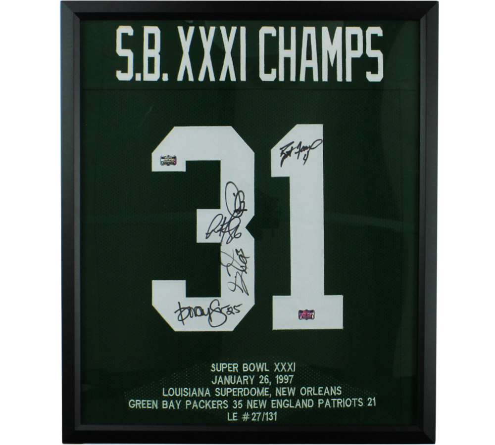 Brett Favre, Andre Rison, Dorsey Leven, Gilbert Brown & Antonio Freeman Multi-Signed Green Bay Framed Green Super Bowl Jersey - Limited Edition of 131