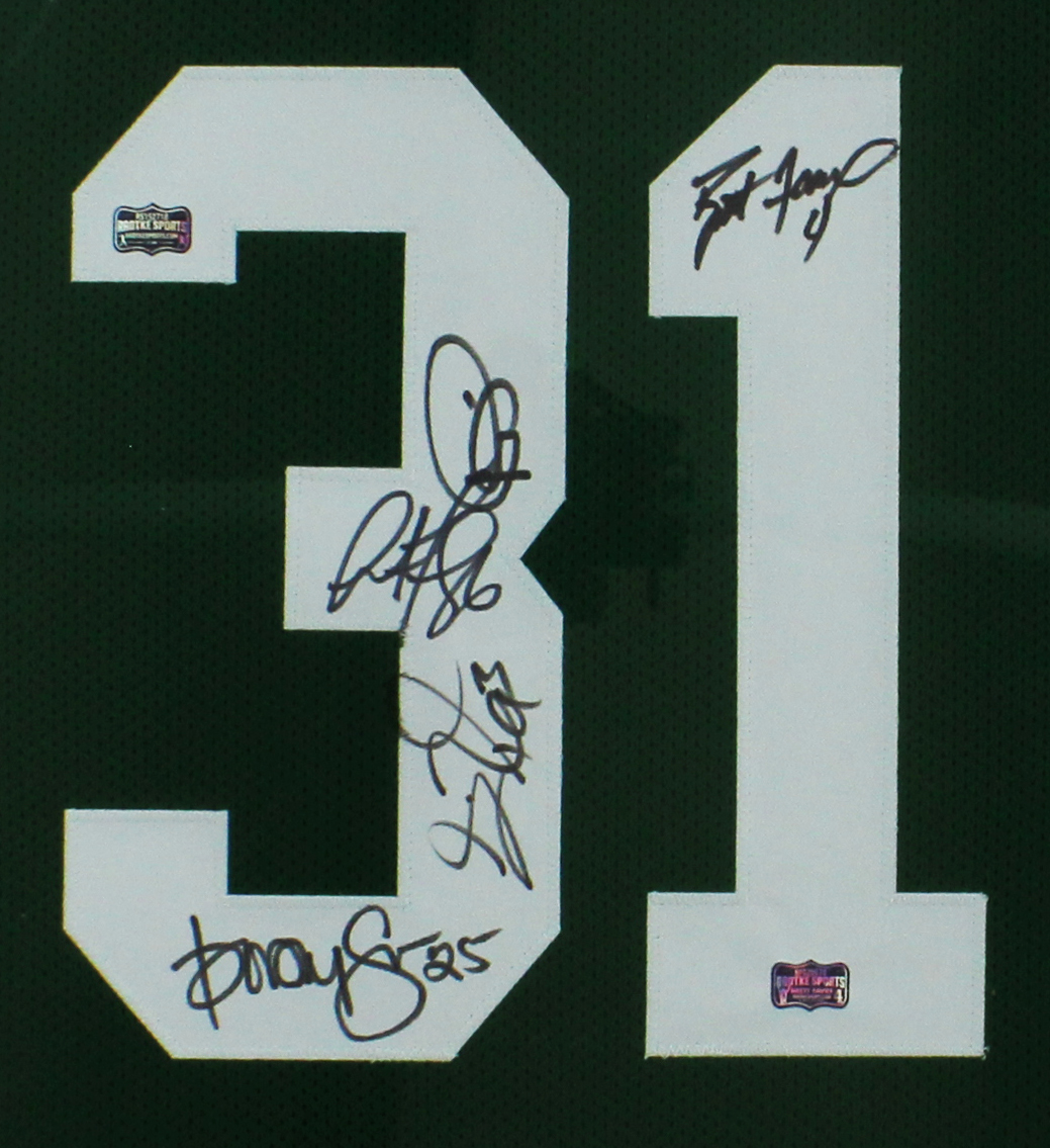 Brett Favre, Andre Rison, Dorsey Leven, Gilbert Brown & Antonio Freeman Multi-Signed Green Bay Framed Green Super Bowl Jersey - Limited Edition of 131 - Image 2