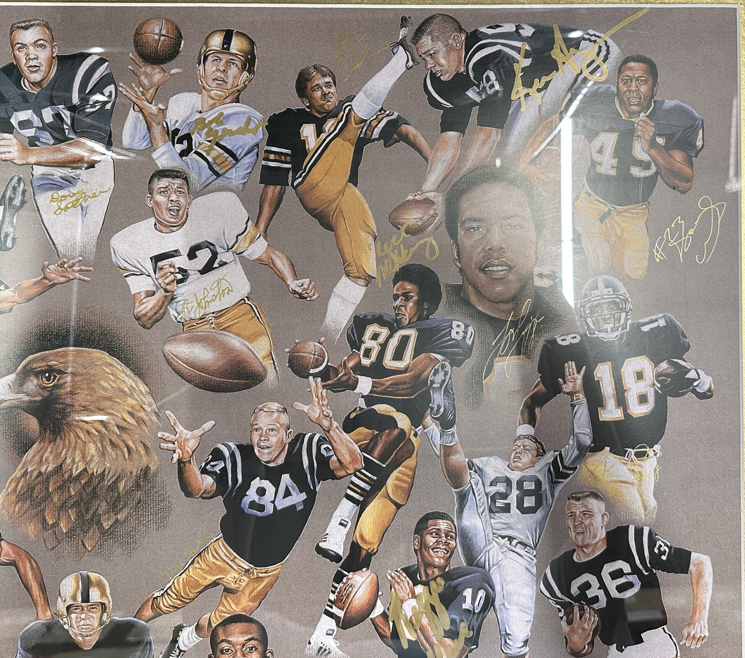 Multi-Signed USM Golden Eagles Framed Lithograph Print with 32 Signatures including Brett Favre, Ray Guy, Reggie Collier - Image 5