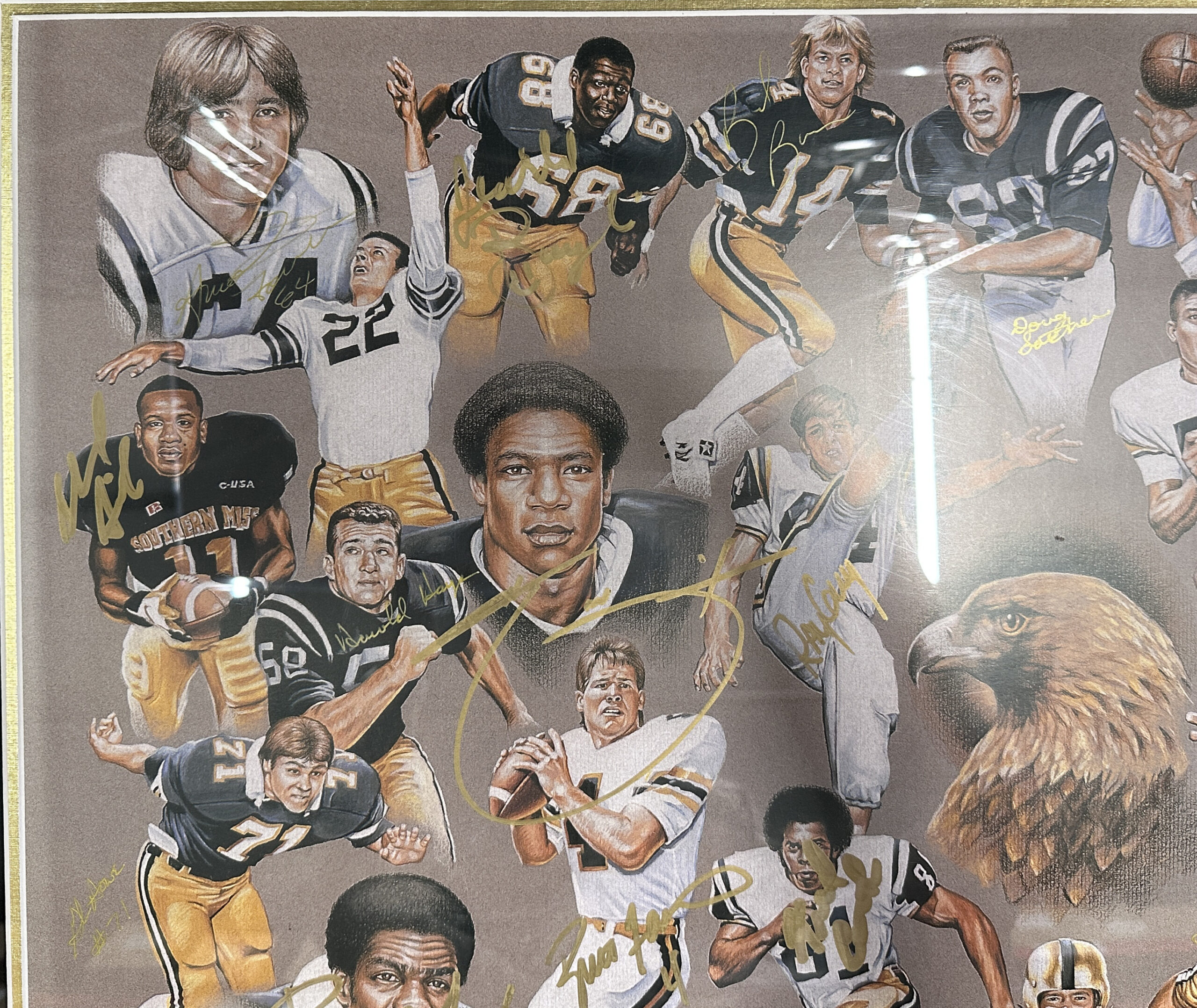 Multi-Signed USM Golden Eagles Framed Lithograph Print with 32 Signatures including Brett Favre, Ray Guy, Reggie Collier - Image 4