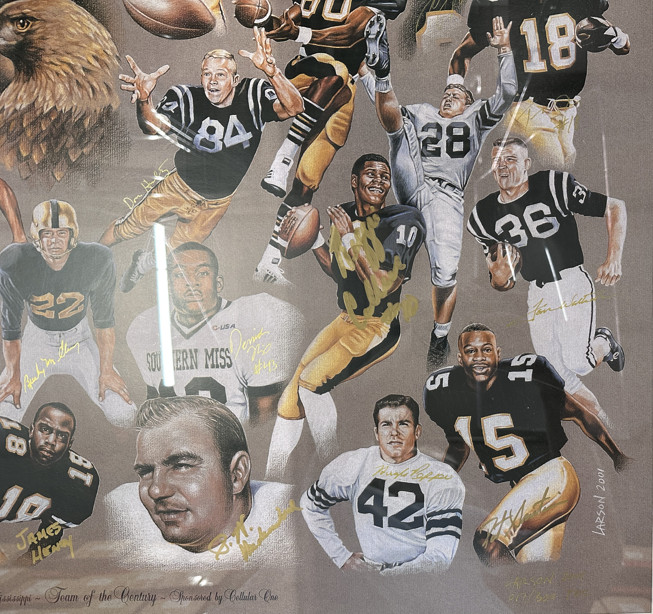 Multi-Signed USM Golden Eagles Framed Lithograph Print with 32 Signatures including Brett Favre, Ray Guy, Reggie Collier - Image 3