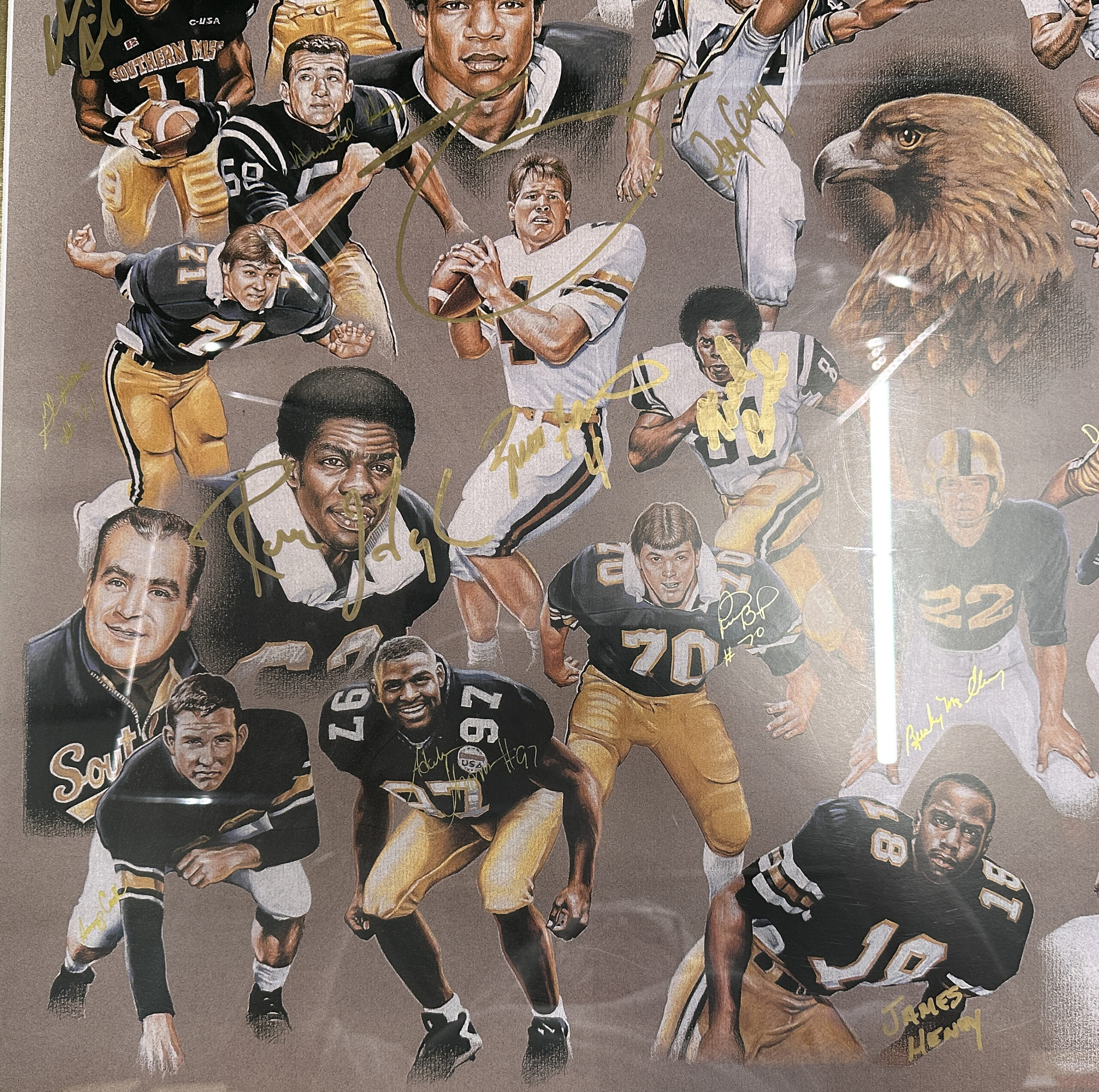 Multi-Signed USM Golden Eagles Framed Lithograph Print with 32 Signatures including Brett Favre, Ray Guy, Reggie Collier - Image 2