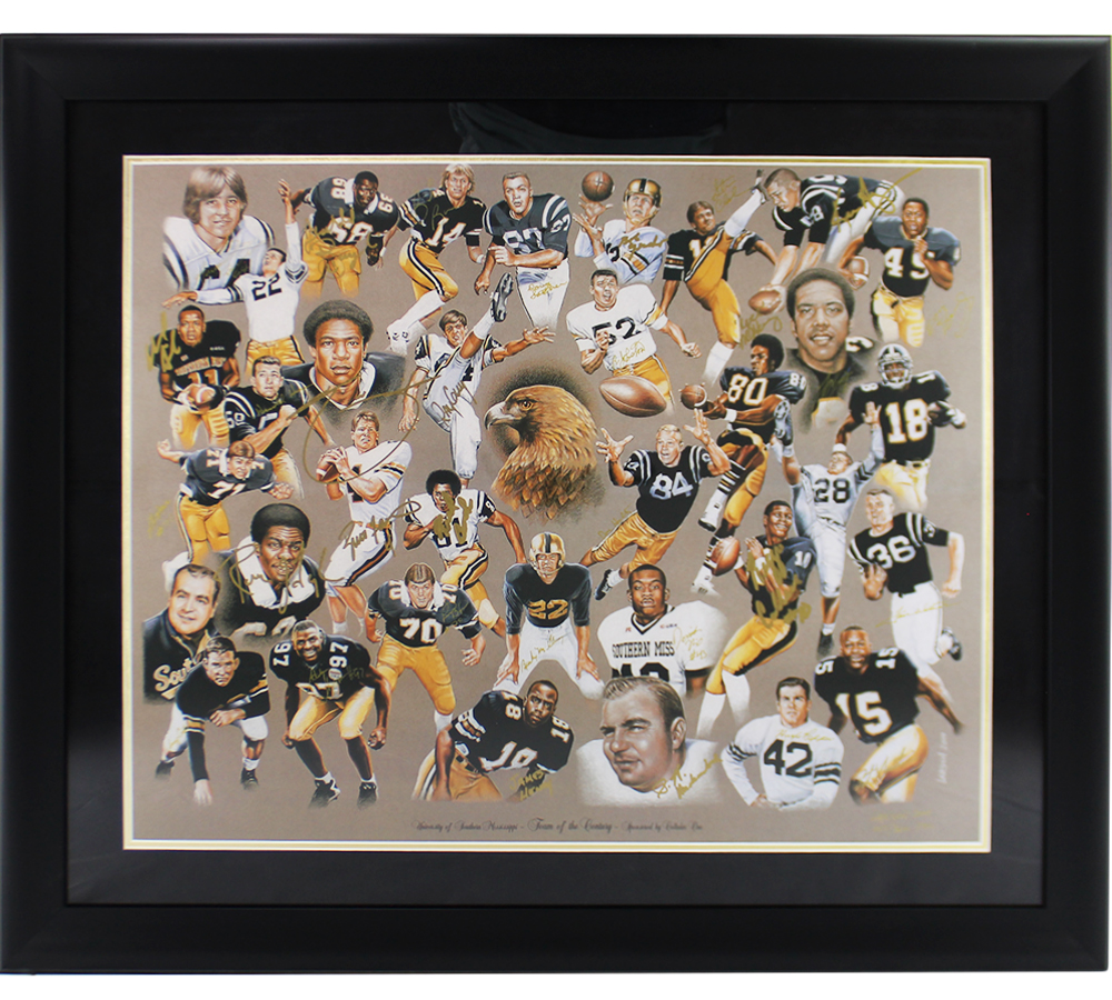 Multi-Signed USM Golden Eagles Framed Lithograph Print with 32 Signatures including Brett Favre, Ray Guy, Reggie Collier