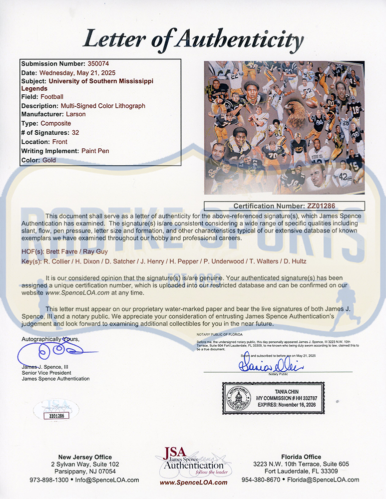 Multi-Signed USM Golden Eagles Framed Lithograph Print with 32 Signatures including Brett Favre, Ray Guy, Reggie Collier - Image 6
