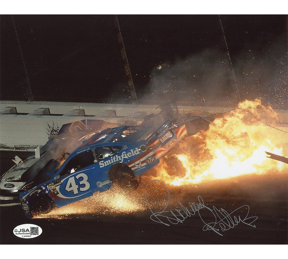 Richard Petty Signed NASCAR Unframed 8x10 Fiery Crash Photo
