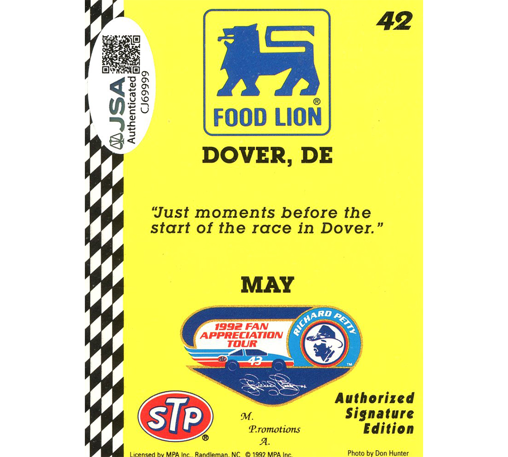 Richard Petty Signed NASCAR MPA Food Lion #42 May Yellow Dover Card - Image 2