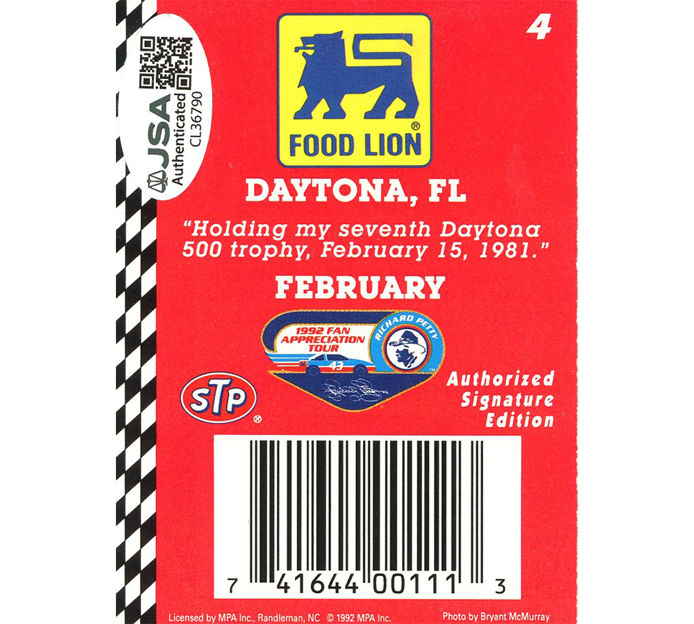 Richard Petty Signed NASCAR MPA Food Lion February #4 Red Daytona Card - Image 2