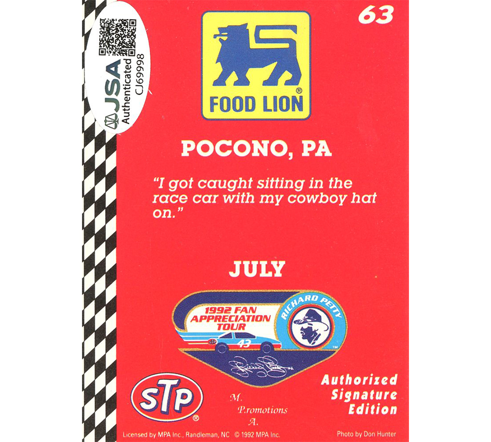 Richard Petty Signed NASCAR MPA Food Lion July #63 Red Pocono Card - Image 2