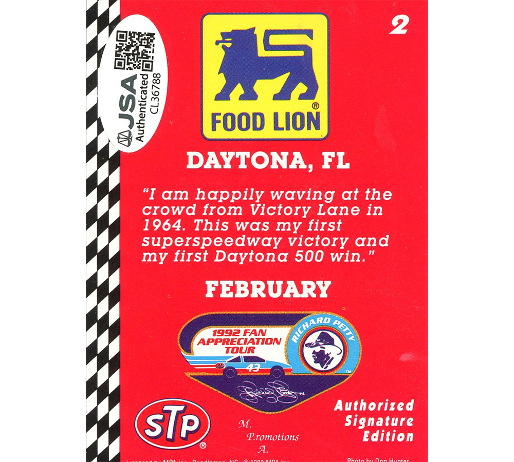 Richard Petty Signed NASCAR MPA Food Lion February #2 Red Daytona Card - Image 2