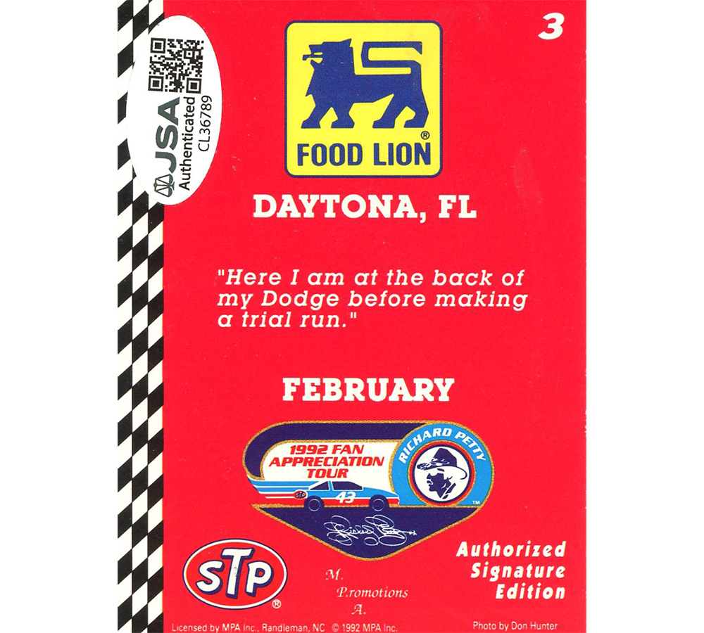 Richard Petty Signed NASCAR MPA Food Lion February #3 Red Daytona Card - Image 2