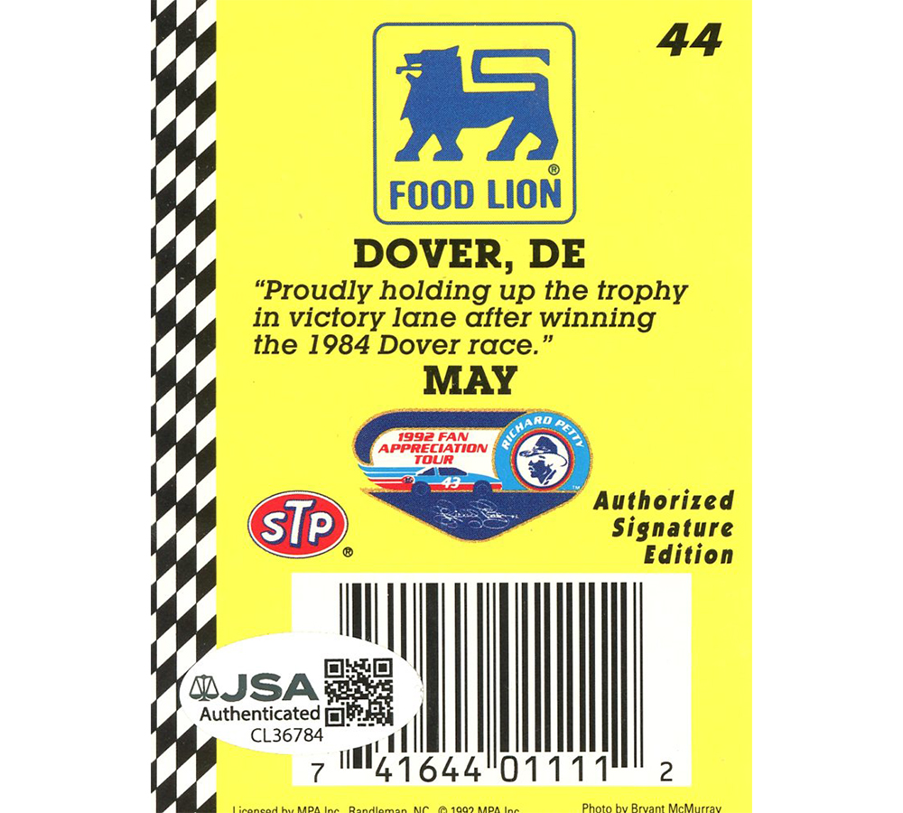 Richard Petty Signed NASCAR MPA Food Lion May #44 Yellow Dover Card - Image 2