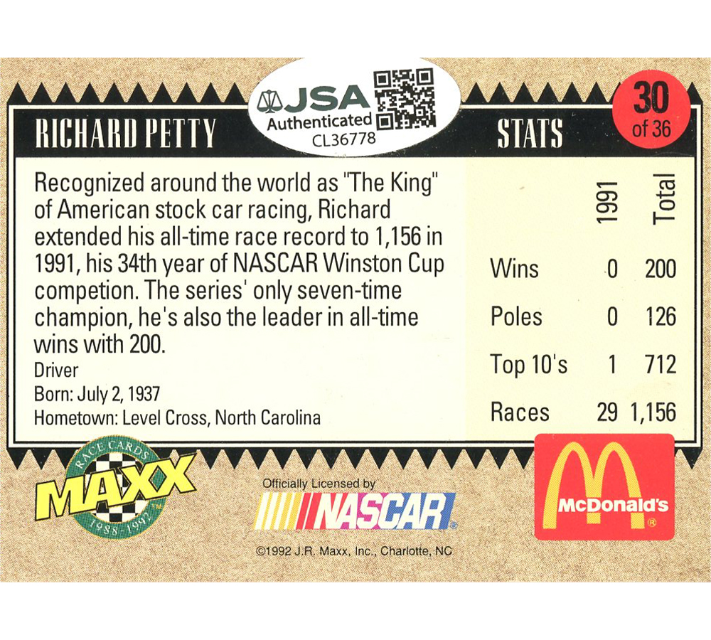 Richard Petty Signed NASCAR McDonalds All Star Race Team Maxx Race Card - Image 2