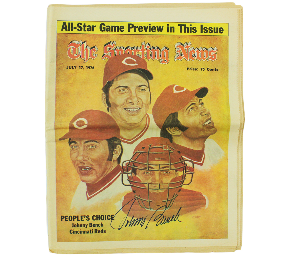 Johnny Bench Signed Cincinnati Red Unframed Sporting News July 17, 1976 Newspaper