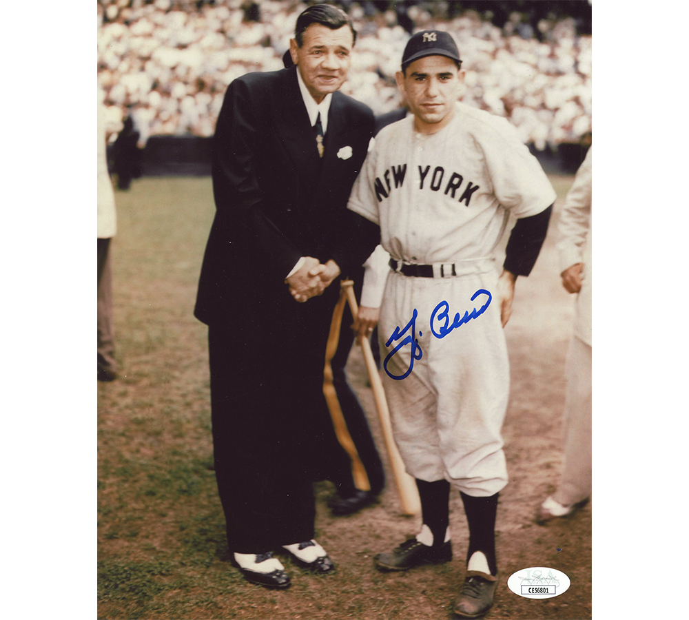Yogi Berra Signed New York Yankees Unframed 8x10 Shaking Hands with Babe Ruth MLB Photo