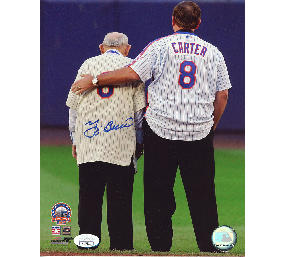 Yogi Berra Signed New York Yankees Unframed 8x10 MLB Standing with Carter Photo
