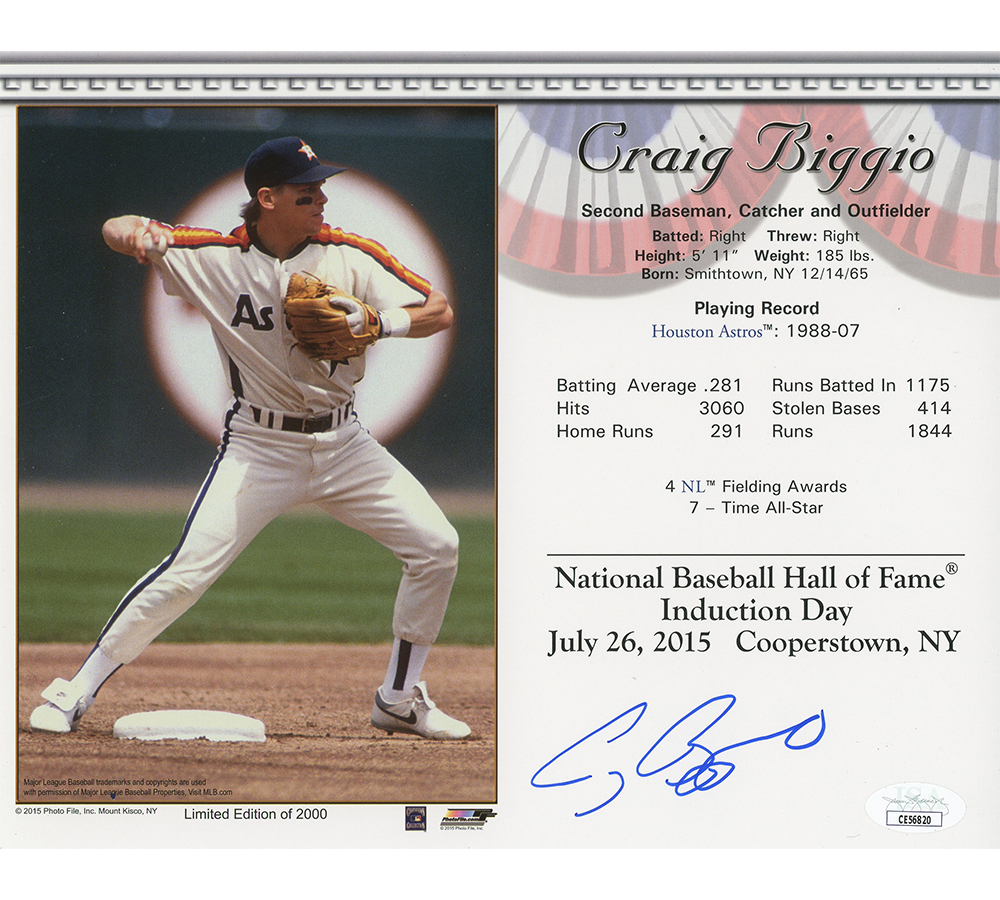 Craig Biggio Signed Houston Astros Unframed 8x10 MLB Hall of Fame Induction Day Photo