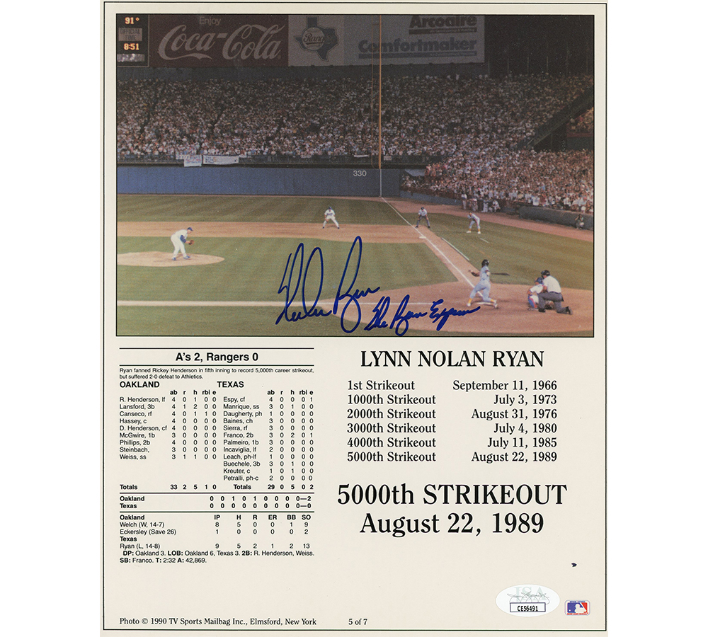 Nolan Ryan Signed Texas Rangers Unframed 8x10 5000th Strikeouts MLB Photo