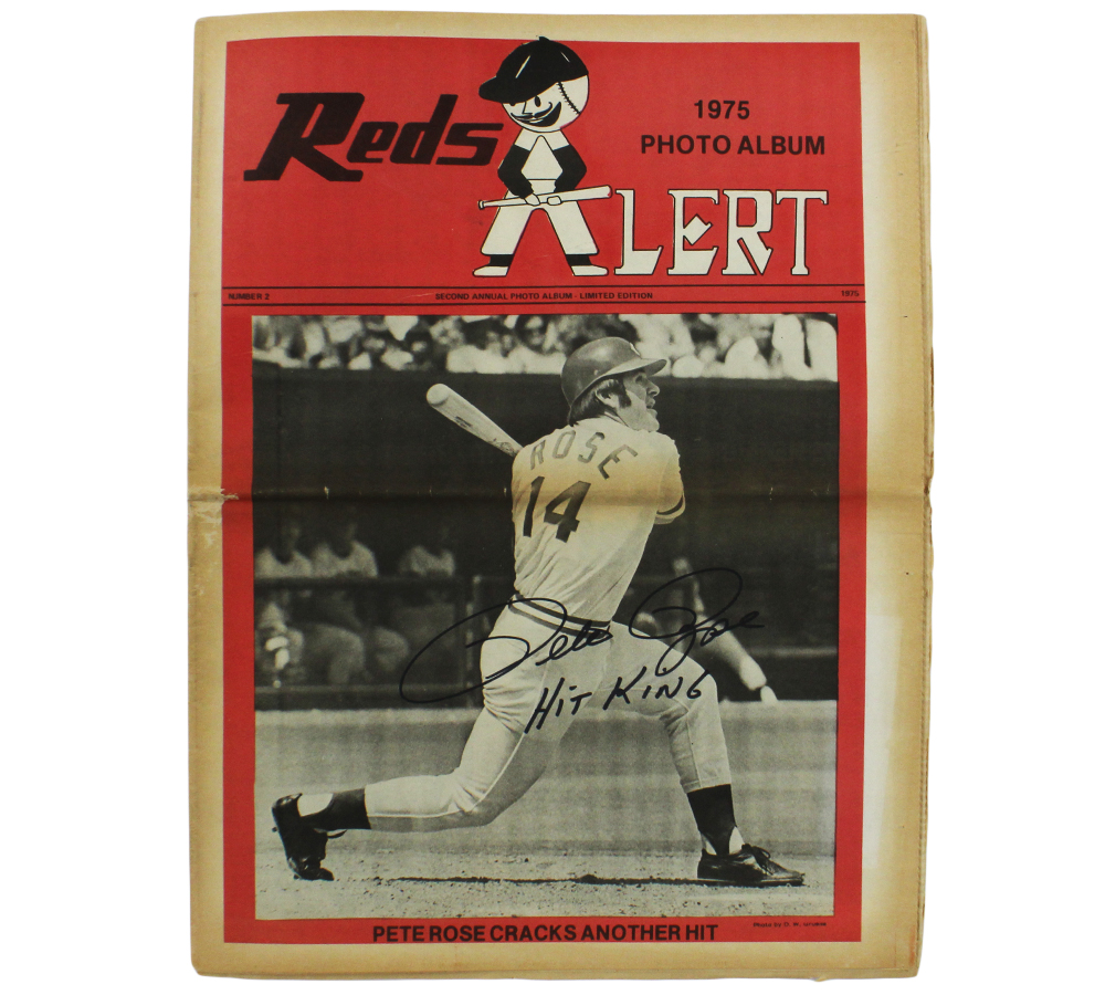 Pete Rose Signed Cincinnati Reds Alert 1975 Newspaper with "Hit King" Inscription