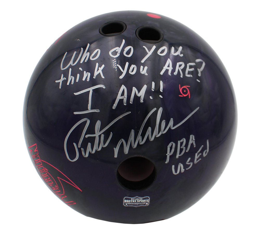 Pete Weber Signed Game Used Typhoon Purple and Silver Bowling Ball with "Who Do You Think You Are? I Am!!" Inscription