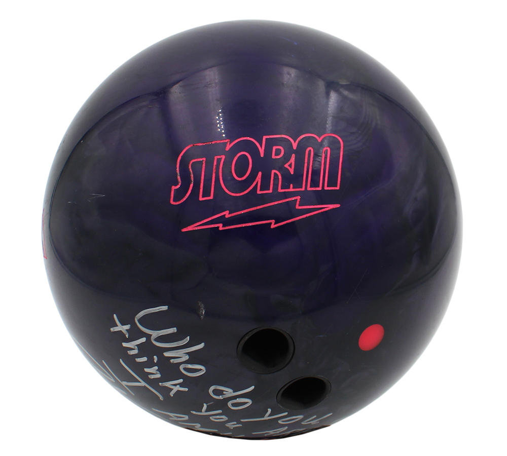 Pete Weber Signed Game Used Typhoon Purple and Silver Bowling Ball with "Who Do You Think You Are? I Am!!" Inscription - Image 3