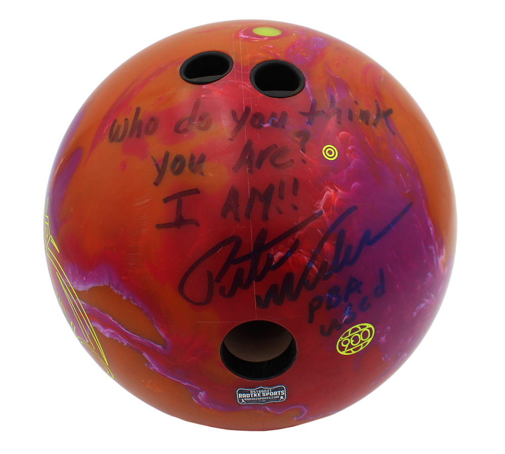 Pete Weber Signed Game Used Global Orange, Pink Bowling Ball with "Who Do You Think You Are? I Am!!" Inscription