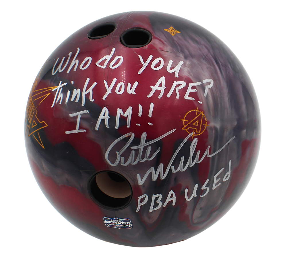 Pete Weber Signed Game Used Attention Star Gray and Purple Bowling Ball with "Who Do You Think You Are? I Am!!" Inscription
