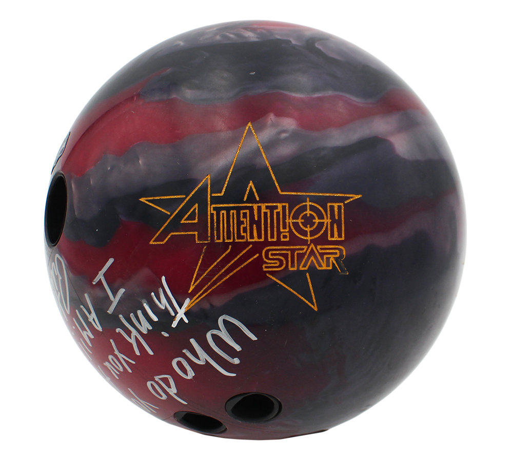 Pete Weber Signed Game Used Attention Star Gray and Purple Bowling Ball with "Who Do You Think You Are? I Am!!" Inscription - Image 2
