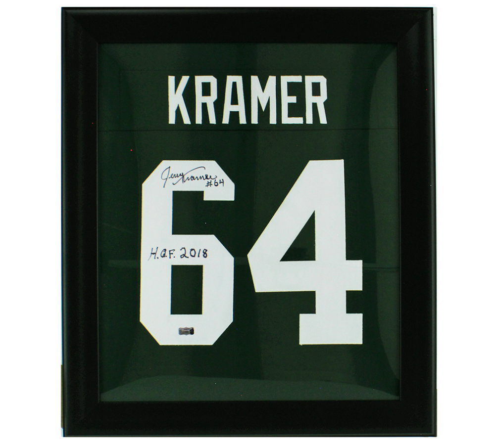 Jerry Kramer Signed Green Bay 27x23 Framed Green Custom Long Sleeve Jersey with "HOF 18" Inscription