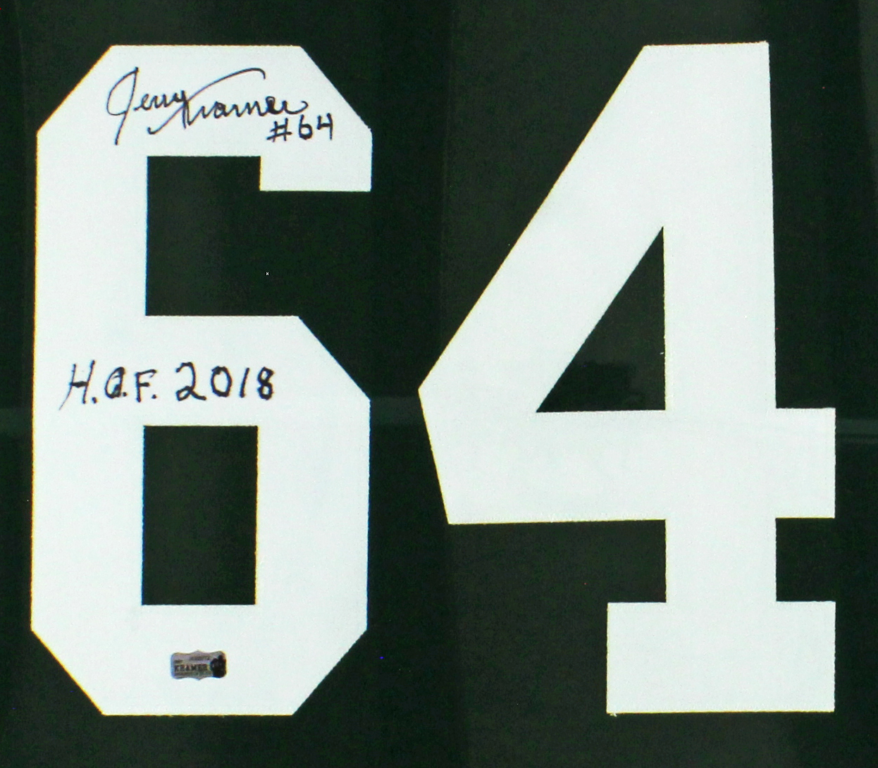 Jerry Kramer Signed Green Bay 27x23 Framed Green Custom Long Sleeve Jersey with "HOF 18" Inscription - Image 2