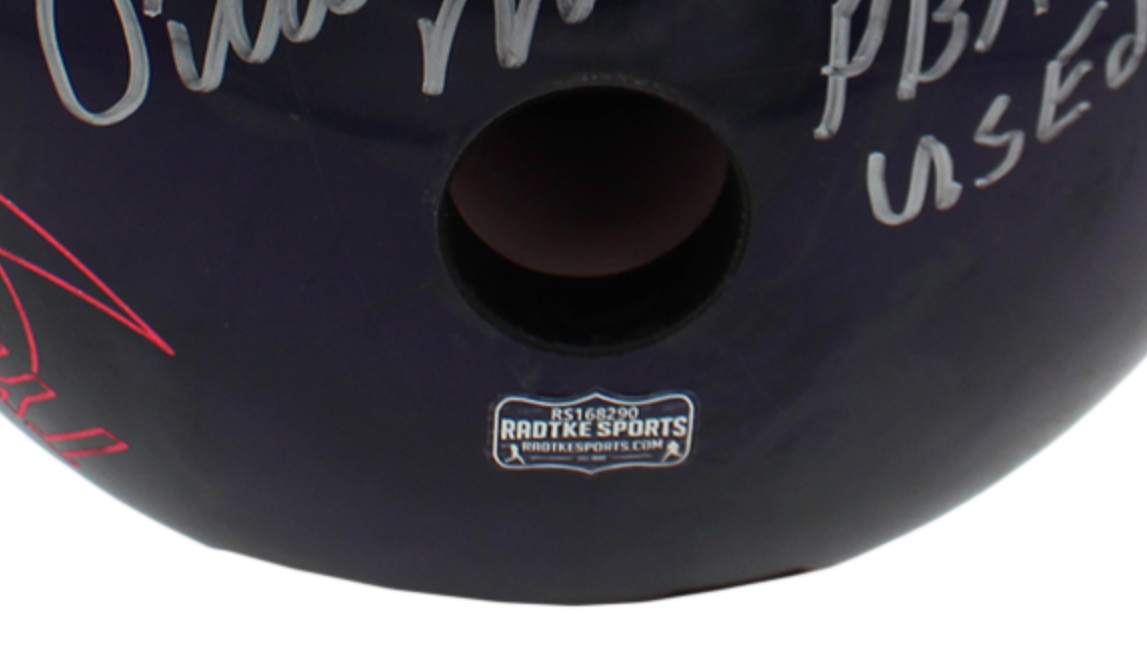 Pete Weber Signed Game Used Typhoon Purple and Silver Bowling Ball with "Who Do You Think You Are? I Am!!" Inscription - Image 5