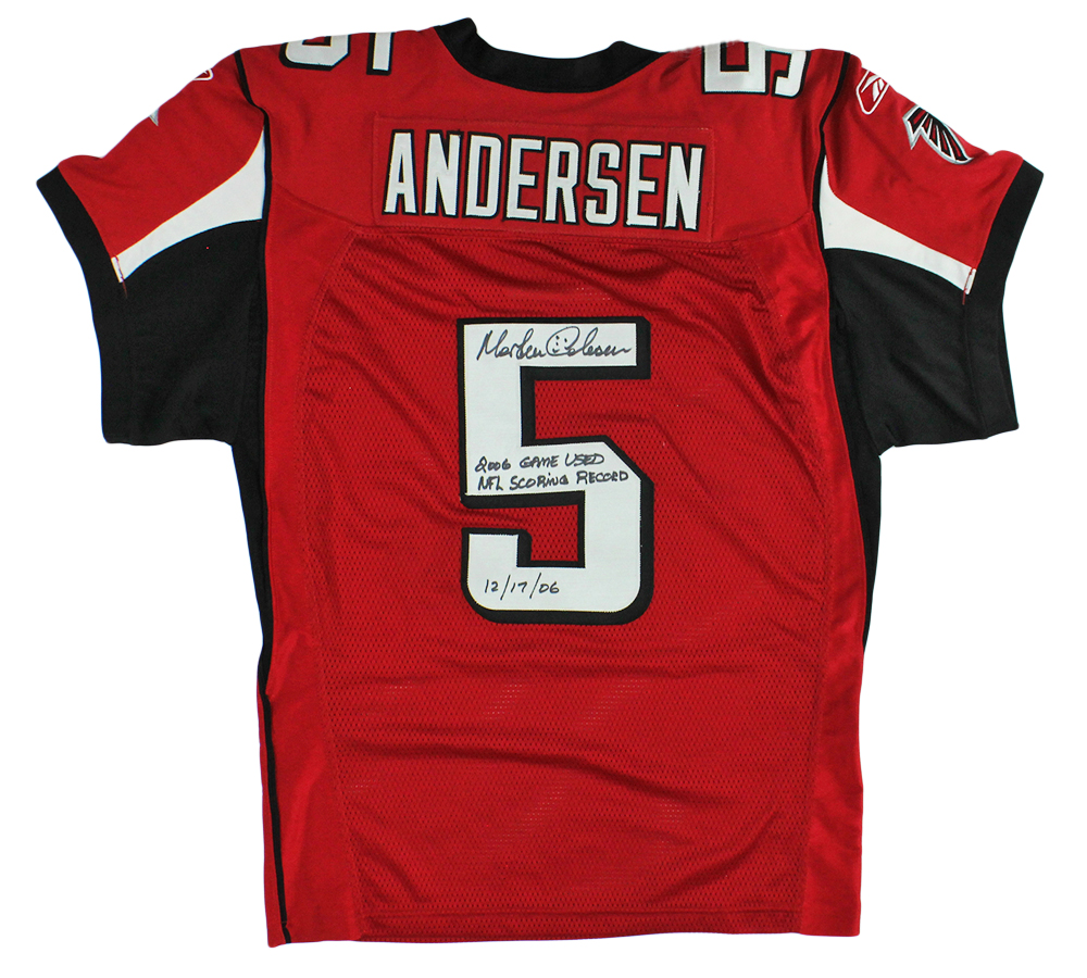 Morten Andersen Signed Atlanta Falcons Game Used Red Reebox Jersey With "2006 Game Used NFL Scoring Record 12/17/06" Inscription