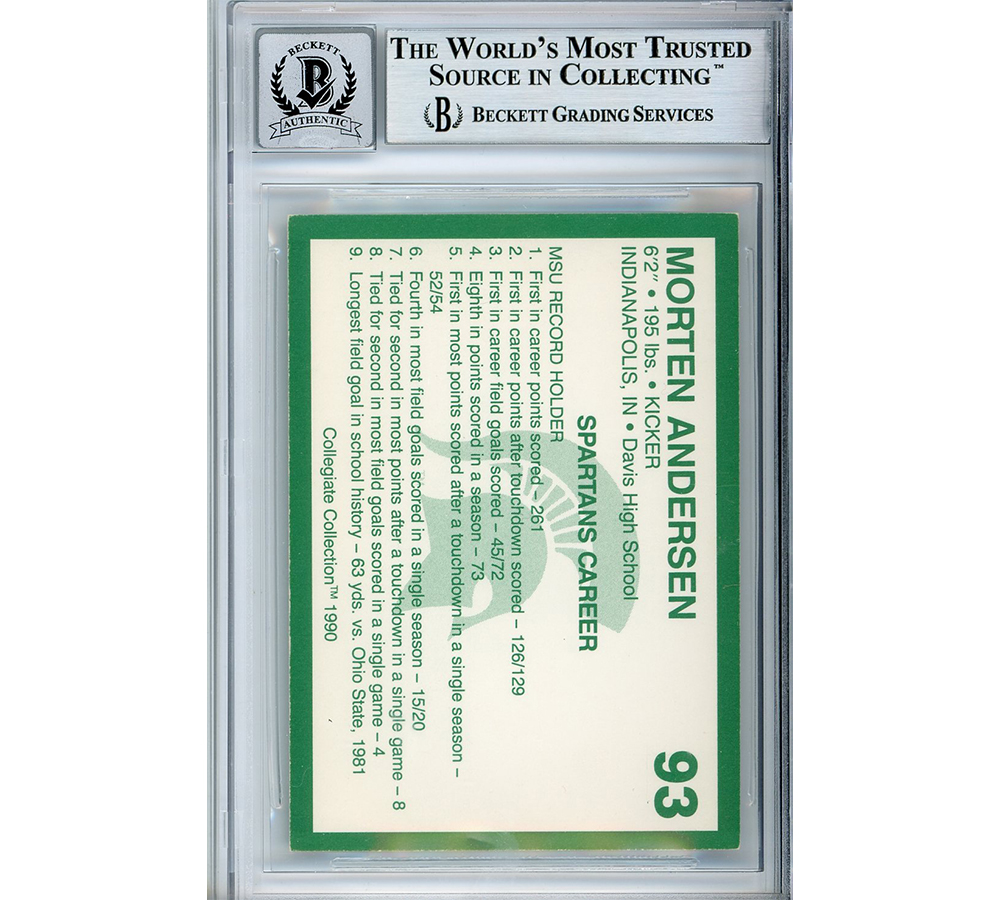 Morten Andersen Signed Michigan State Spartans 1990-91 Collegiate Collection #93 Beckett Grade 10 Encapsulated Card - Image 2