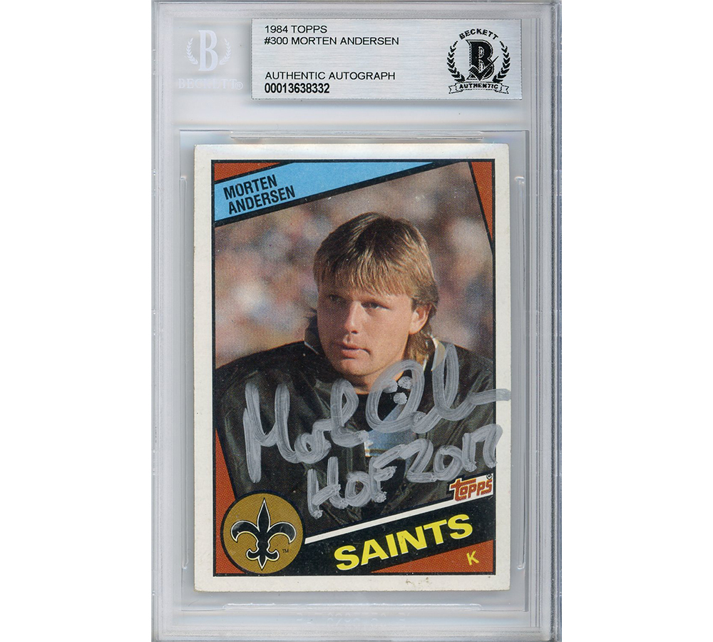 Morten Andersen Signed New Orleans Saints 1984 Topps #300 Encapsulated Card with "HOF 2017" Inscription