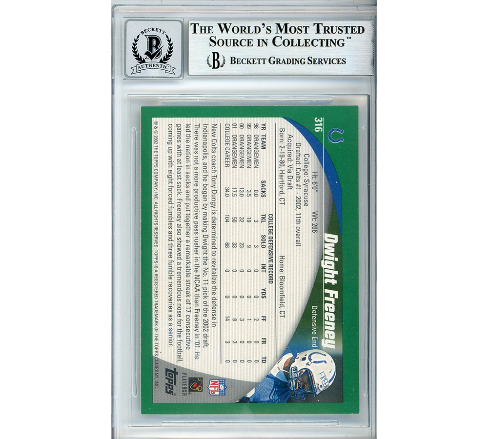 Dwight Freeney Signed Indianapolis Colts 2002 Topps #316 Beckett Grade 10 Encapsulated Card - Image 2