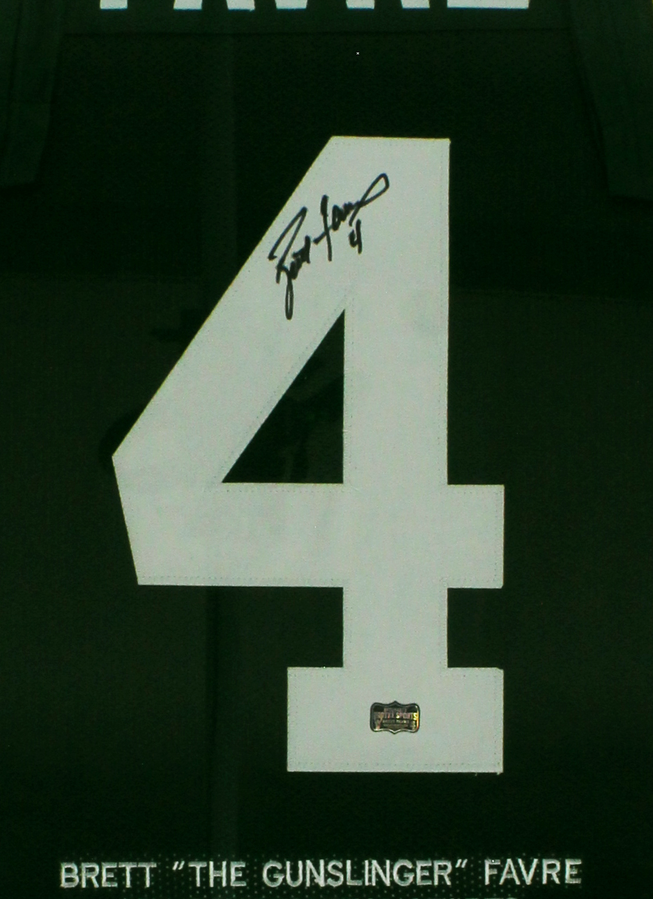 Brett Favre Signed Green Bay Packers Framed Green Jersey with Sewn Stats Limited Edition of 444 - Image 2