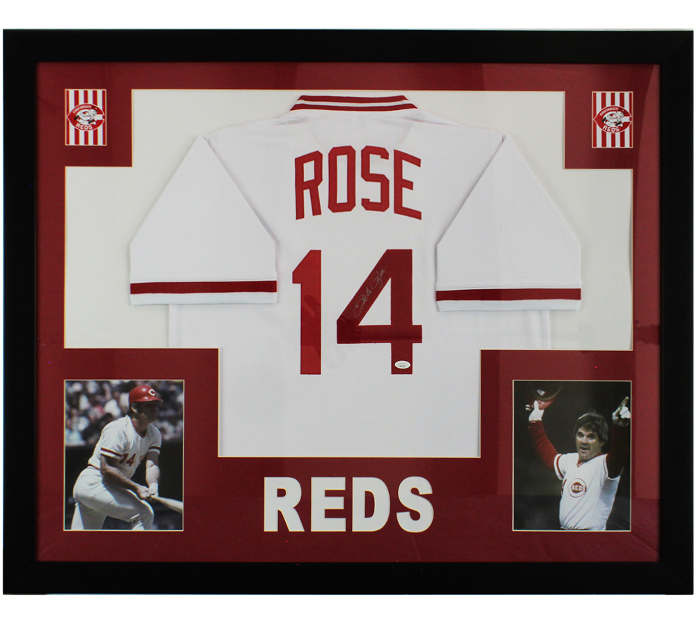 Pete Rose Signed Cincinnati Reds Framed White MLB Jersey