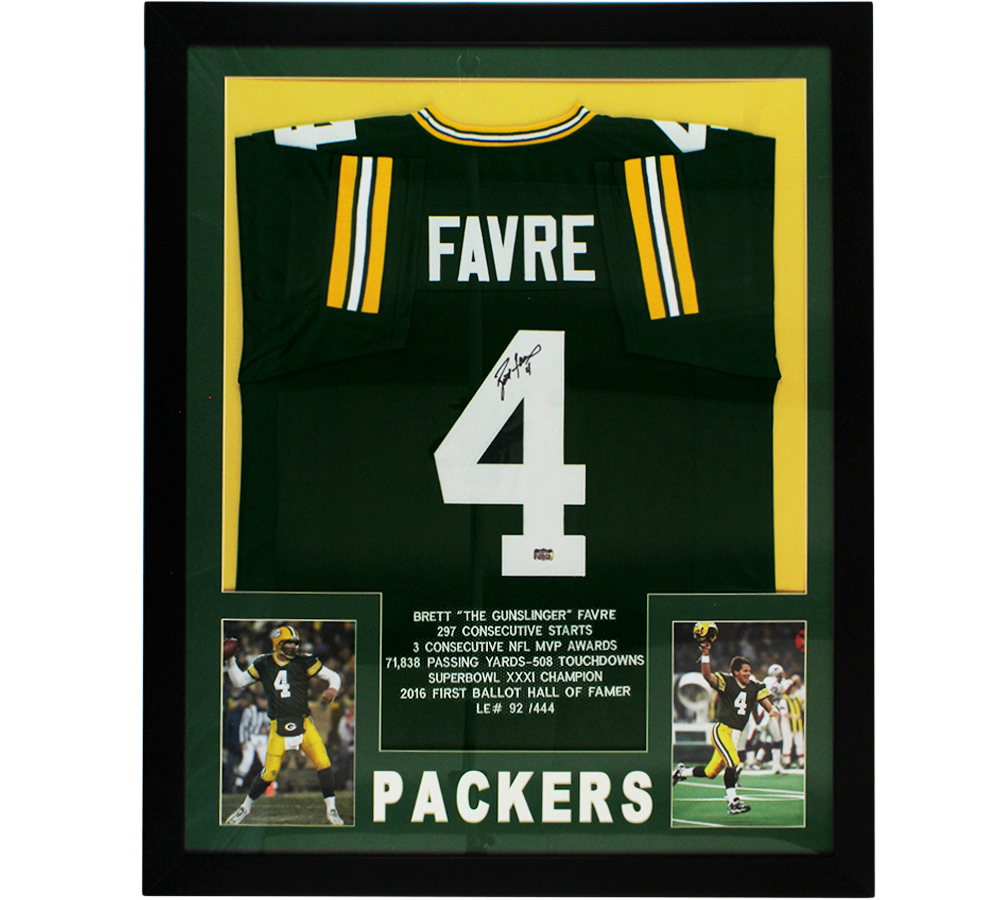 Brett Favre Signed Green Bay Packers Framed Green Jersey with Sewn Stats Limited Edition of 444