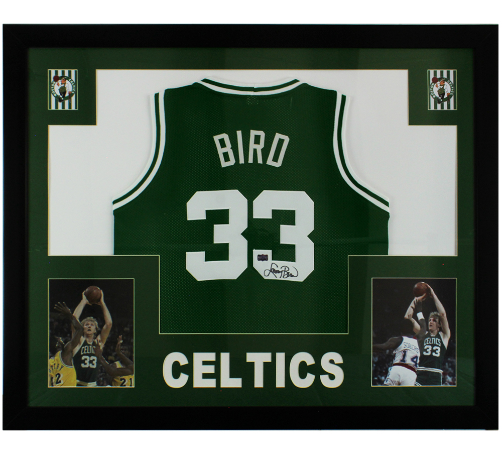 Larry Bird Signed Boston Celtics Framed Green NBA Jersey